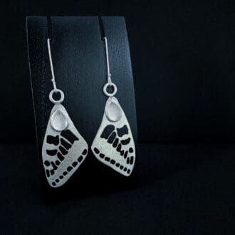 Handmade Ethereal Sterling Silver Butterfly Wing Dangle Earrings with Rose Quartz Teardrop Gemstone