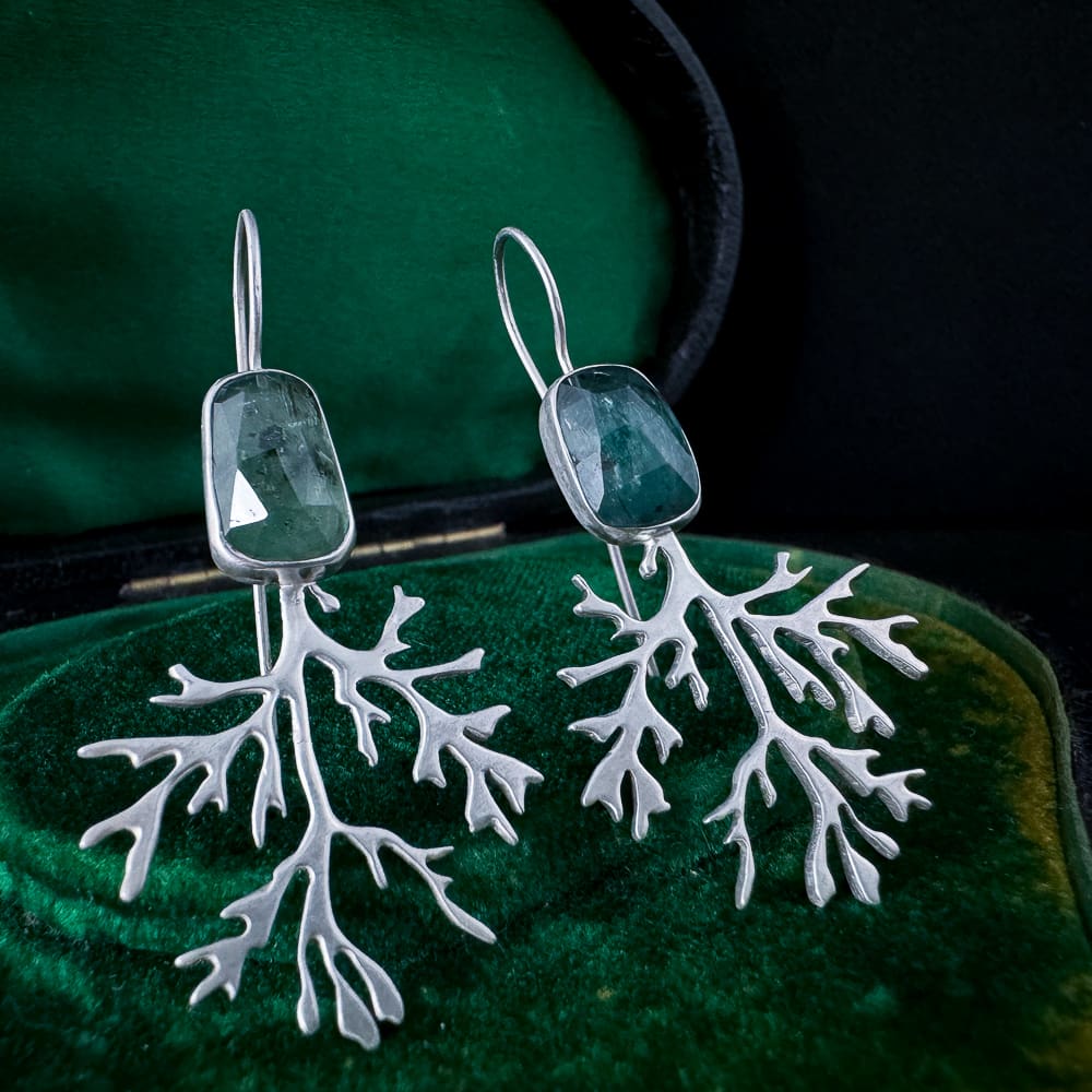 Handmade Delicate Sterling Silver Seaweed Earrings with Rose Cut Green Kyanite | Satin Finish