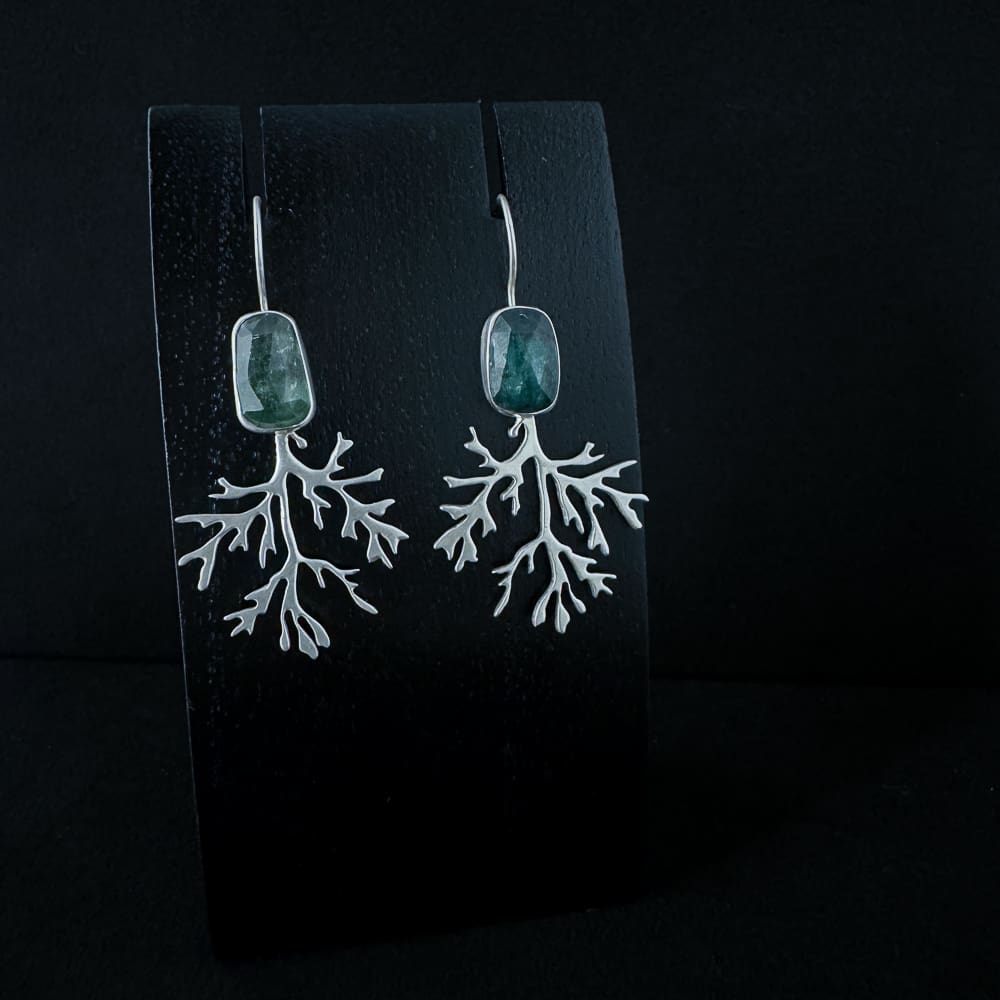 Handmade Delicate Sterling Silver Seaweed Earrings with Rose Cut Green Kyanite | Satin Finish