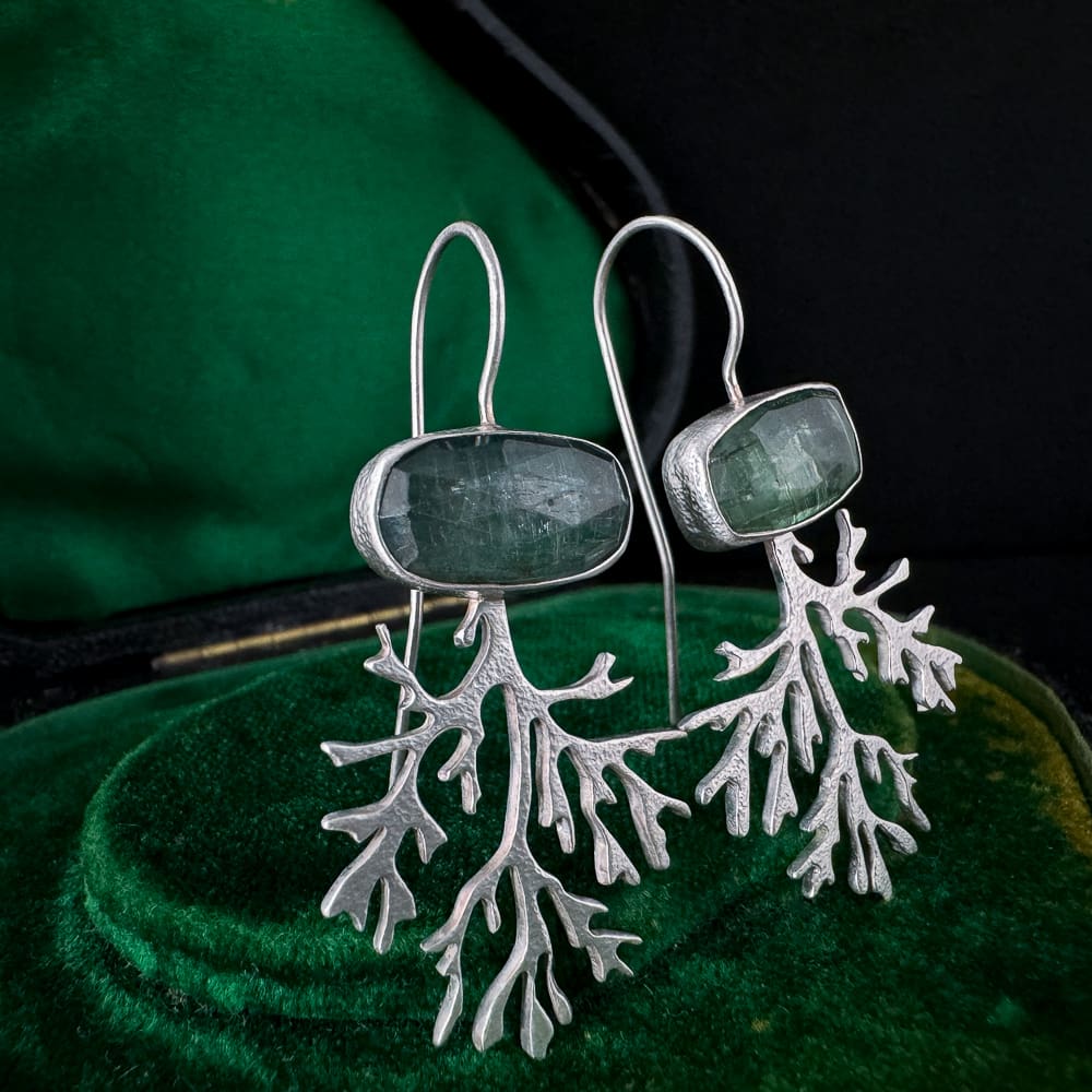 Handmade Delicate Textured Sterling Silver Seaweed Earrings with Rose Cut Green Kyanite