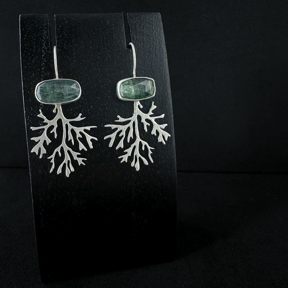 Handmade Delicate Textured Sterling Silver Seaweed Earrings with Rose Cut Green Kyanite