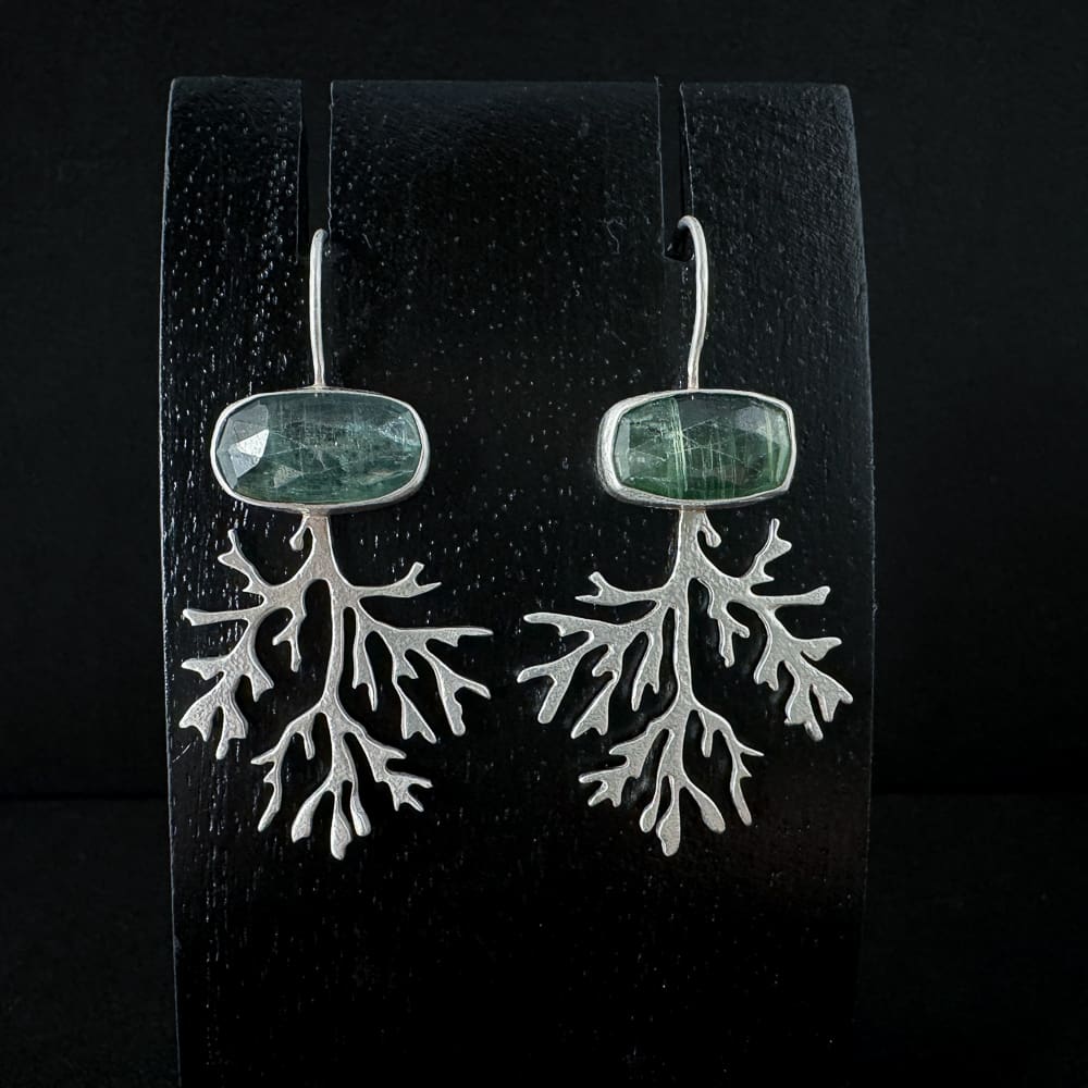 Handmade Delicate Textured Sterling Silver Seaweed Earrings with Rose Cut Green Kyanite