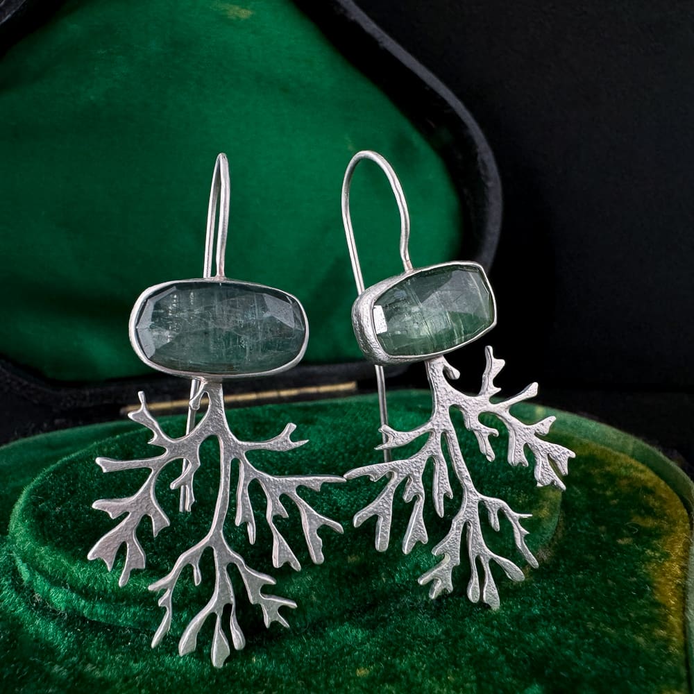 Handmade Delicate Textured Sterling Silver Seaweed Earrings with Rose Cut Green Kyanite