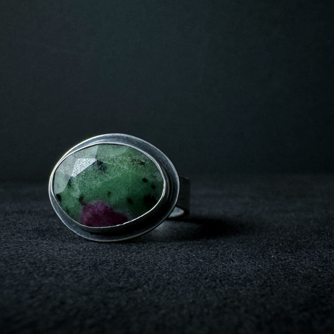 Handmade Green and Pink Rose Cut Ruby Zoisite Textured Sterling Silver Ring