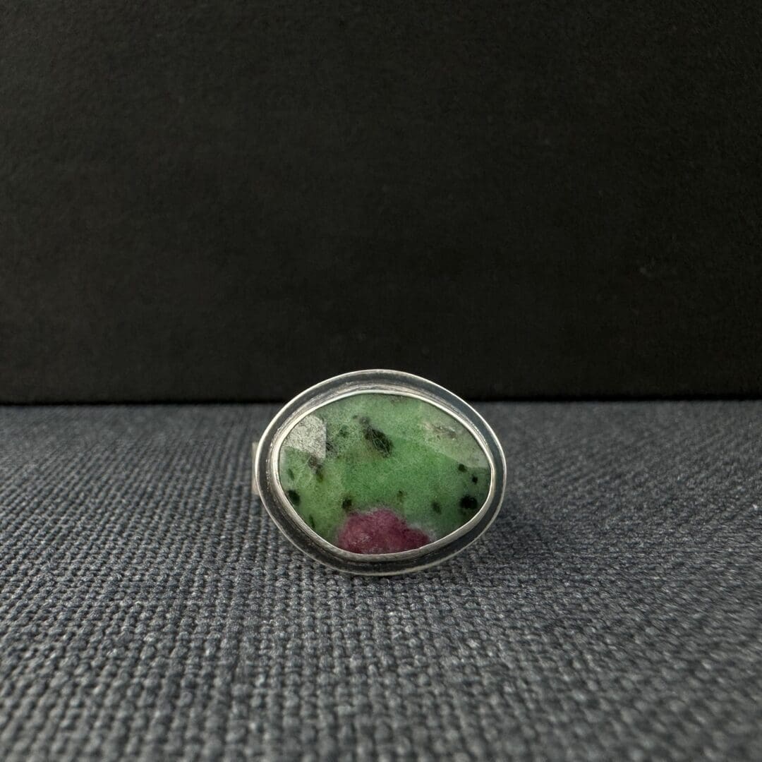 Handmade Green and Pink Rose Cut Ruby Zoisite Textured Sterling Silver Ring