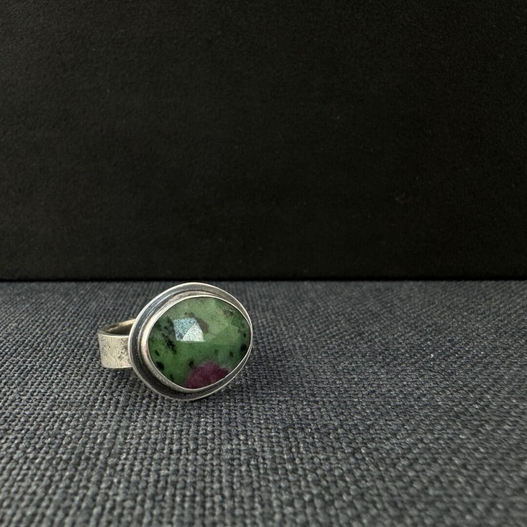 Handmade Green and Pink Rose Cut Ruby Zoisite Textured Sterling Silver Ring