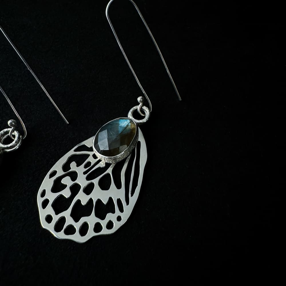 Handmade Rose Cut Labradorite & Sterling Silver Butterfly Wing Dangle Earrings