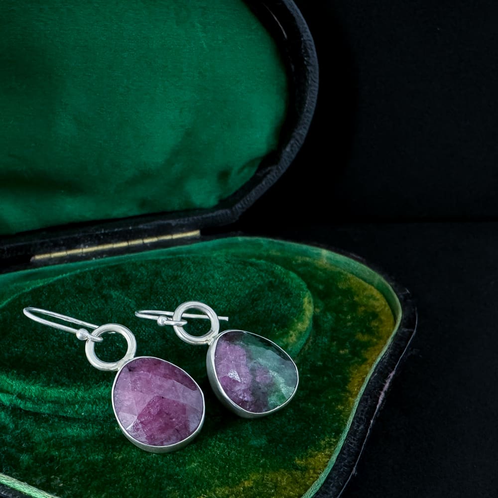 Handmade Rose Cut Ruby Zoisite Sterling Silver Drop Dangly Earrings