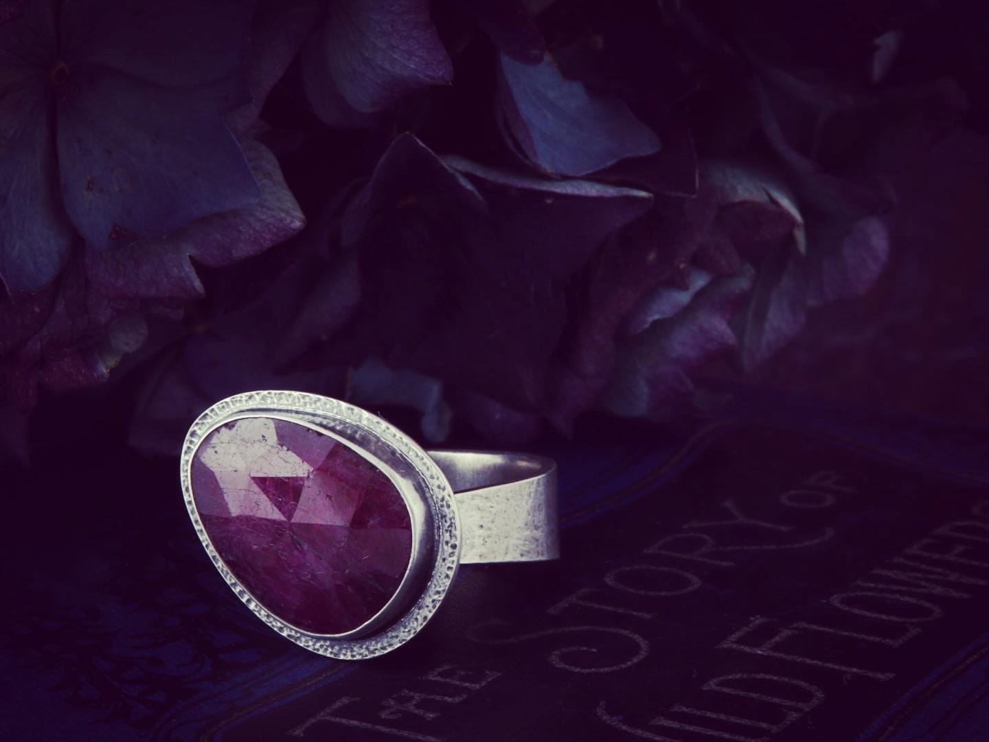 Handmade Purple Rose Cut Ruby Zoisite Sterling Silver Ring with Texture