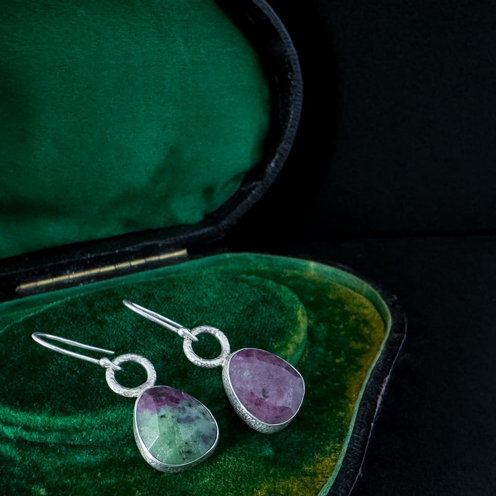 Handmade Rose Cut Ruby Zoisite Sterling Silver Textured Drop Dangly Earrings