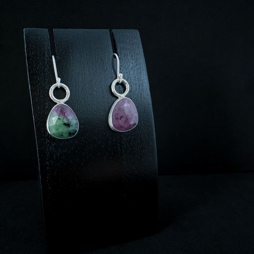 Handmade Rose Cut Ruby Zoisite Sterling Silver Textured Drop Dangly Earrings