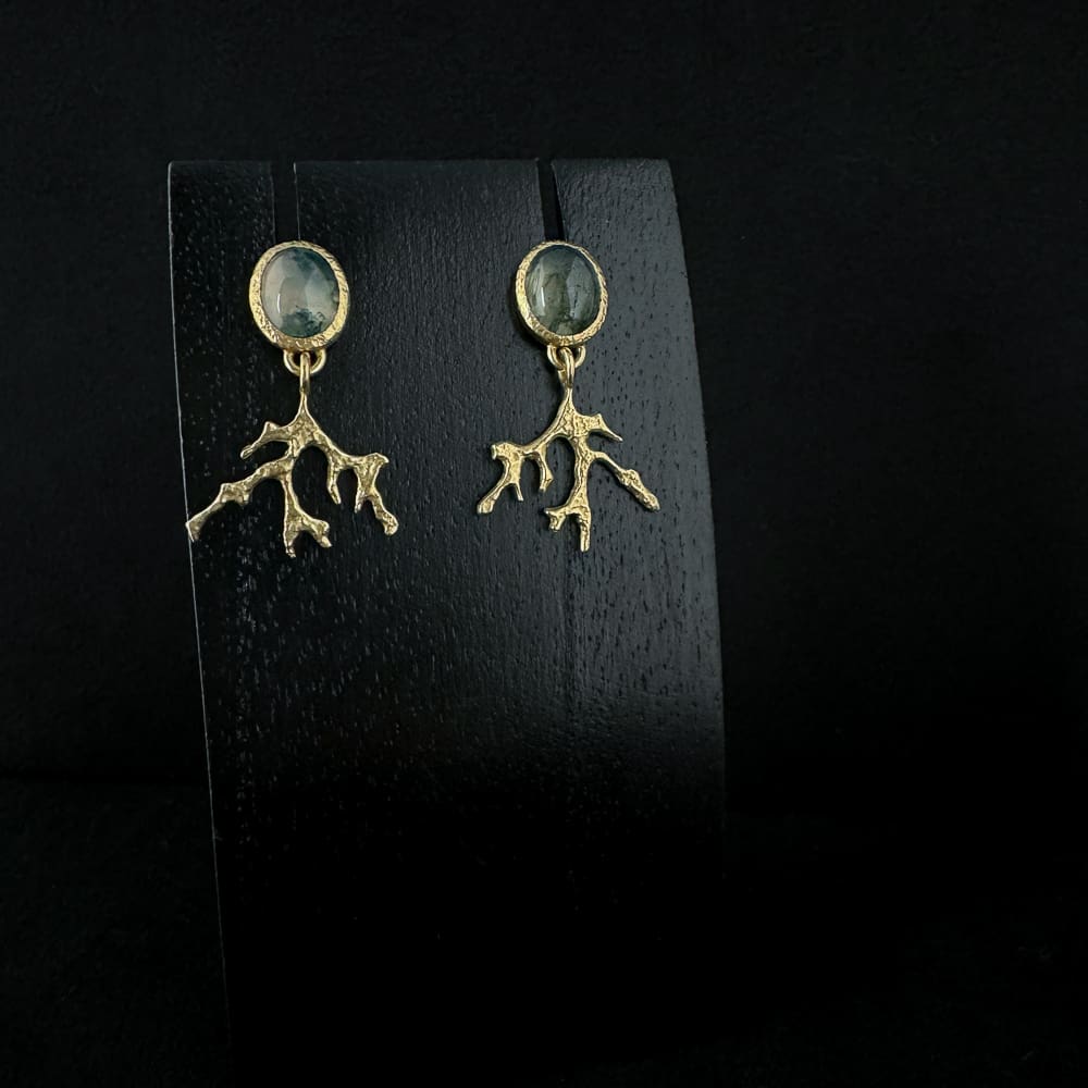 Handmade Textured Seaweed Dangle Earrings in 18k Gold Vermeil with Moss Agate Gemstones