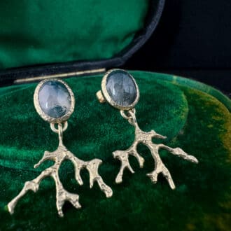 Handmade Textured Seaweed Dangle Earrings in 18k Gold Vermeil with Moss Agate Gemstones