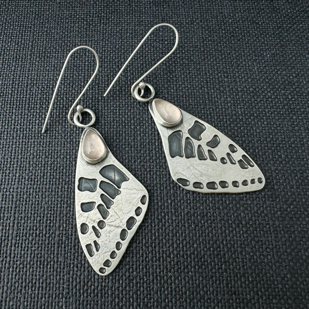 Handmade Sterling Silver Butterfly Wing Earrings with Rose Quartz Teardrop Gemstones