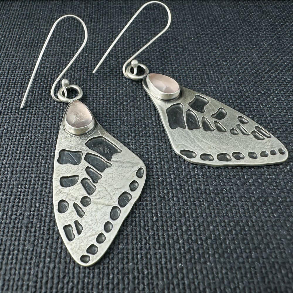 Handmade Sterling Silver Butterfly Wing Earrings with Rose Quartz Teardrop Gemstones