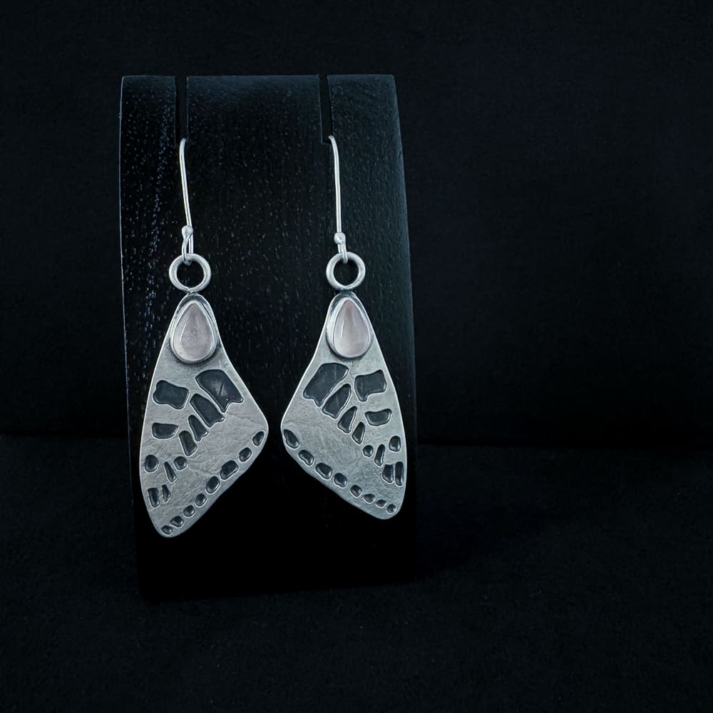 Handmade Sterling Silver Butterfly Wing Earrings with Rose Quartz Teardrop Gemstones