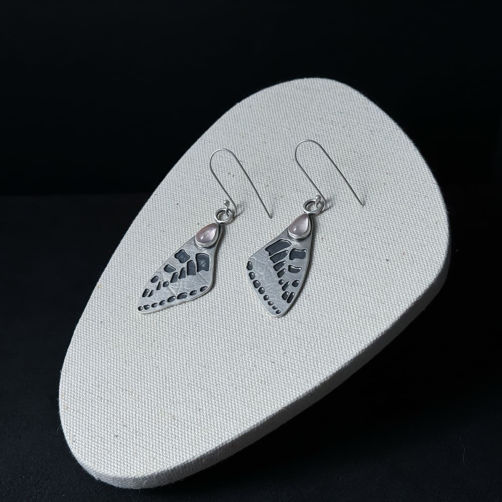 Handmade Sterling Silver Butterfly Wing Earrings with Rose Quartz Teardrop Gemstones