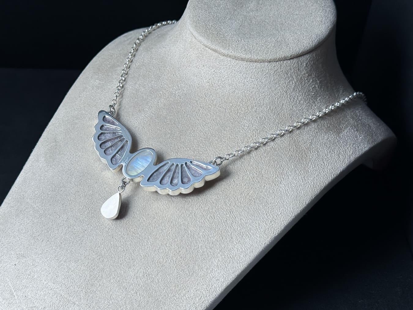 Handmade Sterling Silver Butterfly Pendant Necklace with Lavender Lepidolite Wings, Rainbow Moonstone and Amethyst Dangle