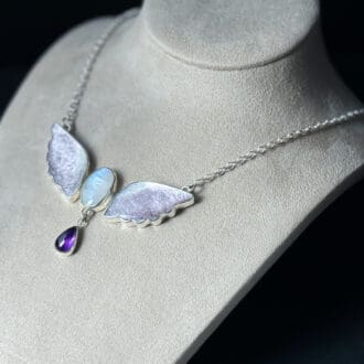 Handmade Sterling Silver Butterfly Pendant Necklace with Lavender Lepidolite Wings, Rainbow Moonstone and Amethyst Dangle