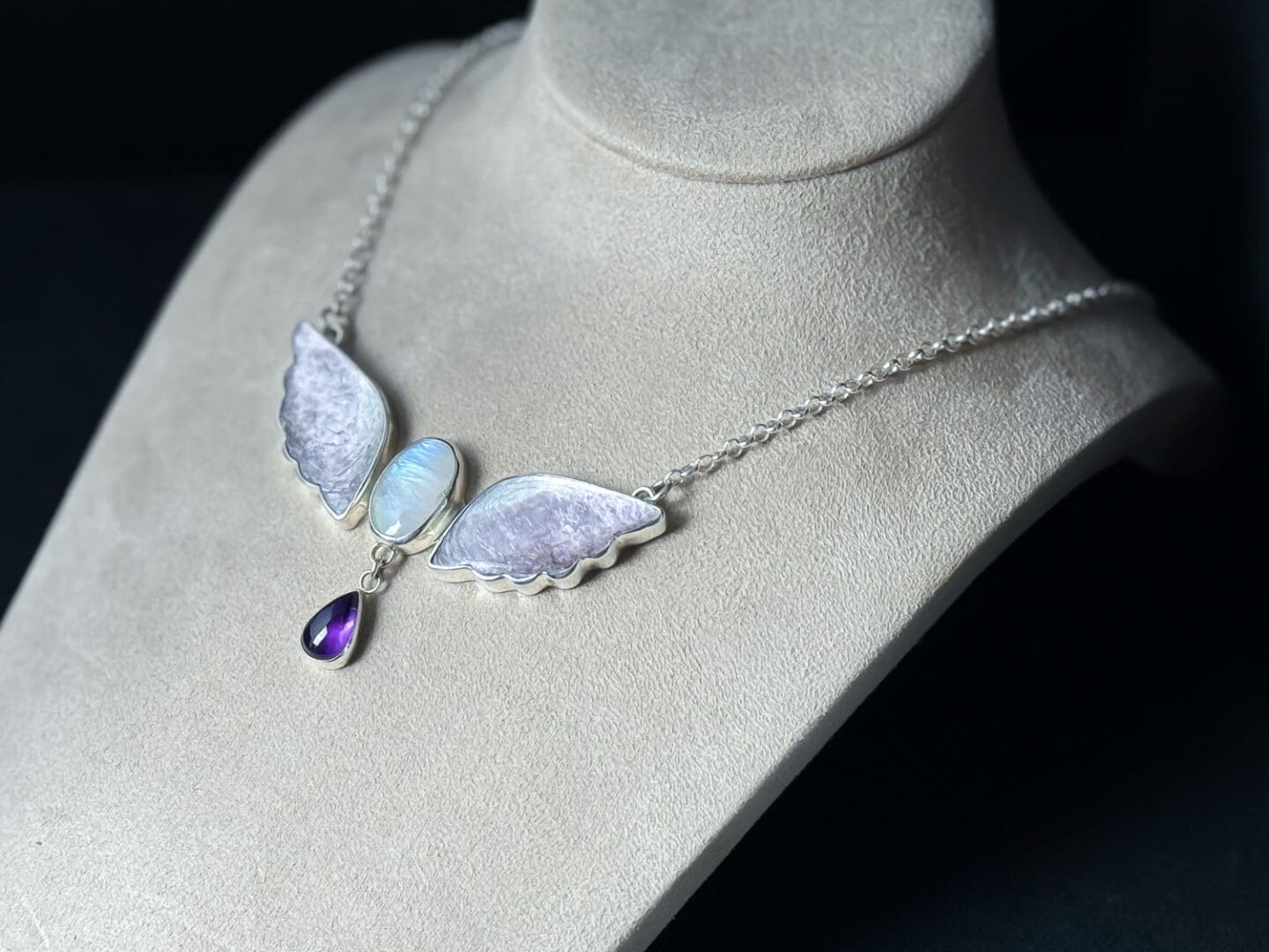 Handmade Sterling Silver Butterfly Pendant Necklace with Lavender Lepidolite Wings, Rainbow Moonstone and Amethyst Dangle