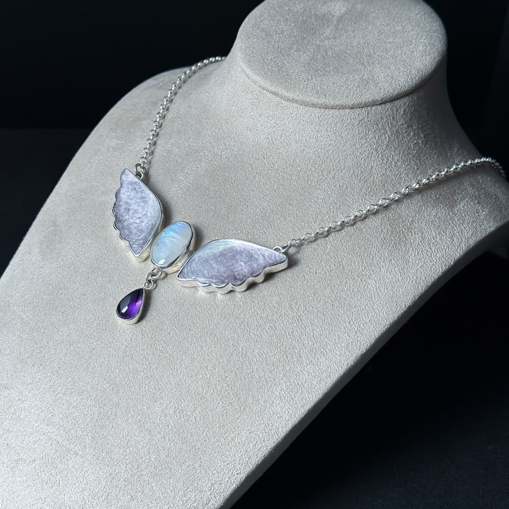 Handmade Sterling Silver Butterfly Pendant Necklace with Lavender Lepidolite Wings, Rainbow Moonstone and Amethyst Dangle