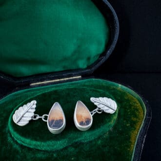 Handmade Sterling Silver Leaf Cufflinks with Dendritic Agate with Satin Brushed Finish