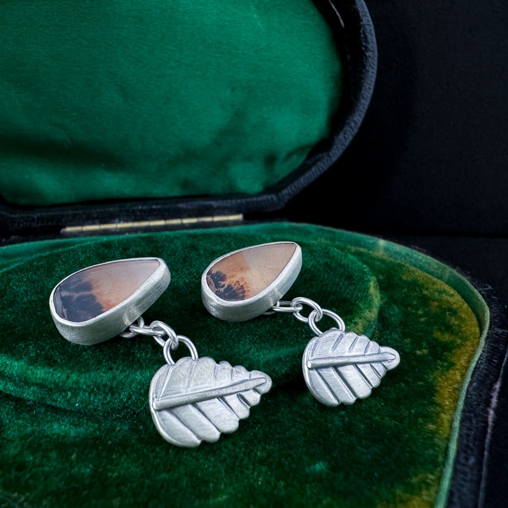 Handmade Sterling Silver Leaf Cufflinks with Dendritic Agate with Satin Brushed Finish