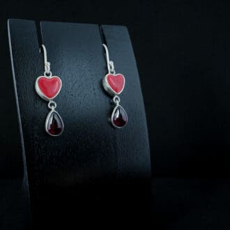 Handmade Sterling Silver Drop Dangle Earrings with Garnets and Ceramic Hearts