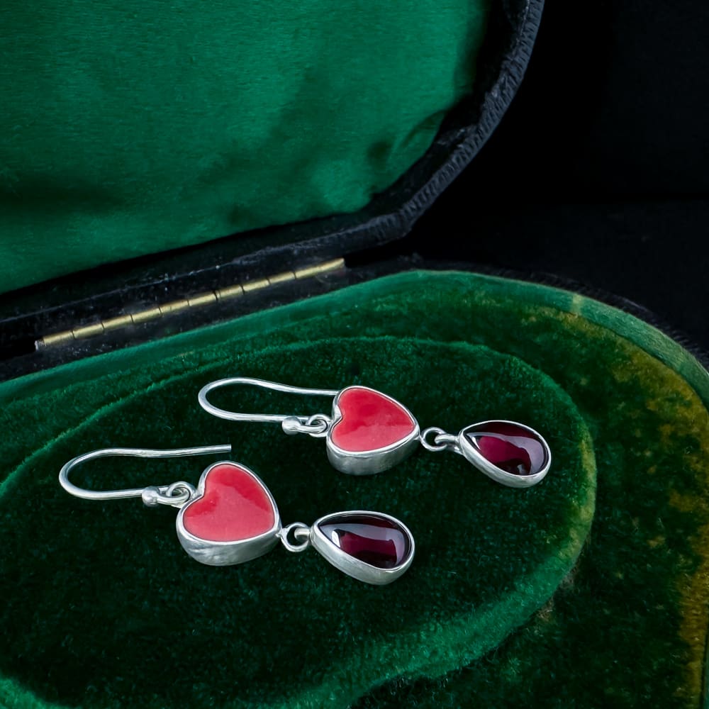 Handmade Sterling Silver Drop Dangle Earrings with Garnets and Ceramic Hearts