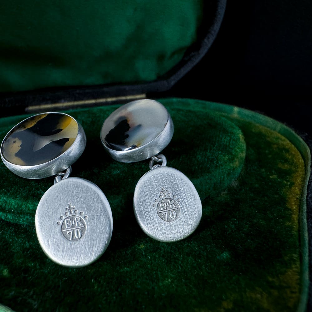 Handmade Sterling Silver Asymmetrical Pebble Cufflinks with Montana Agate and Jubilee Hallmark