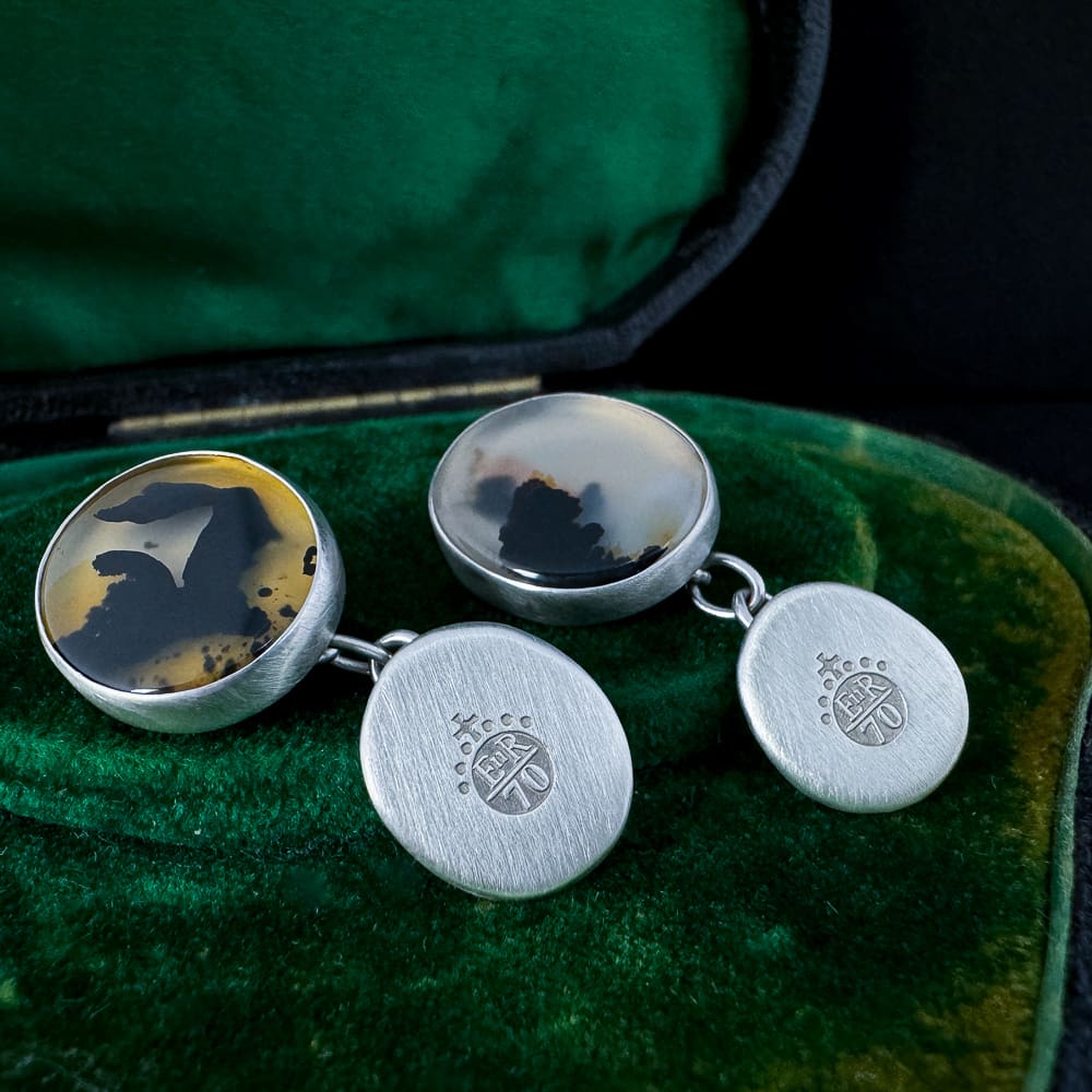 Handmade Sterling Silver Asymmetrical Pebble Cufflinks with Montana Agate and Jubilee Hallmark