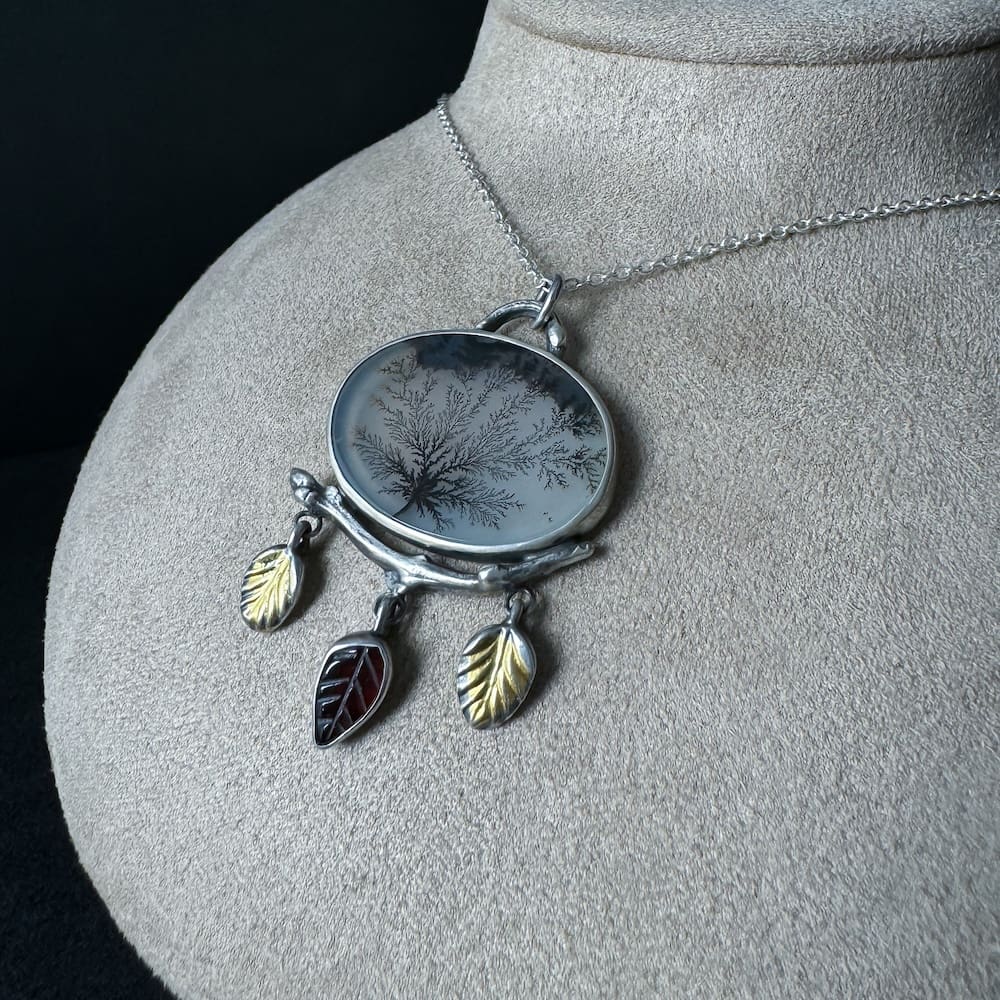 My Jewellery Garden Handmade Sterling Silver Oval Branch Pendant Necklace Dendritic Agate 24k Gold Garnet Leaves