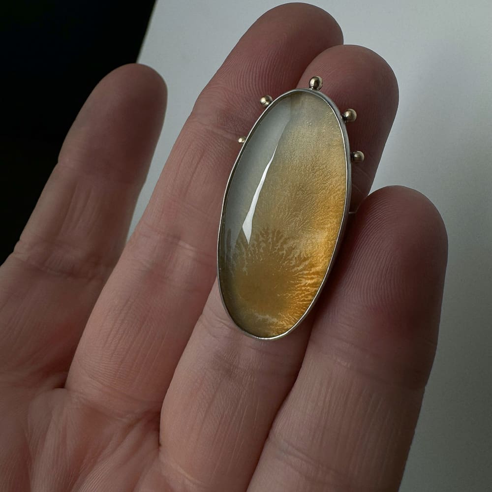 Handmade Sterling Silver and Oval Dendritic Agate Quartz Statement Ring with Crown of 9k Gold Granules