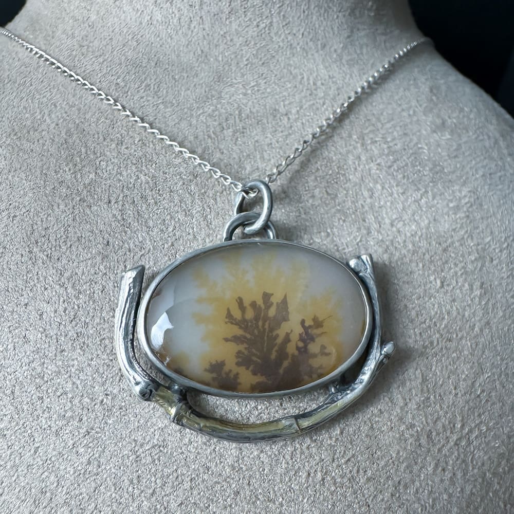 Handmade Sterling Silver Oval Pendant Necklace with Dendritic Agate Nestled on Branch with 24k Gold