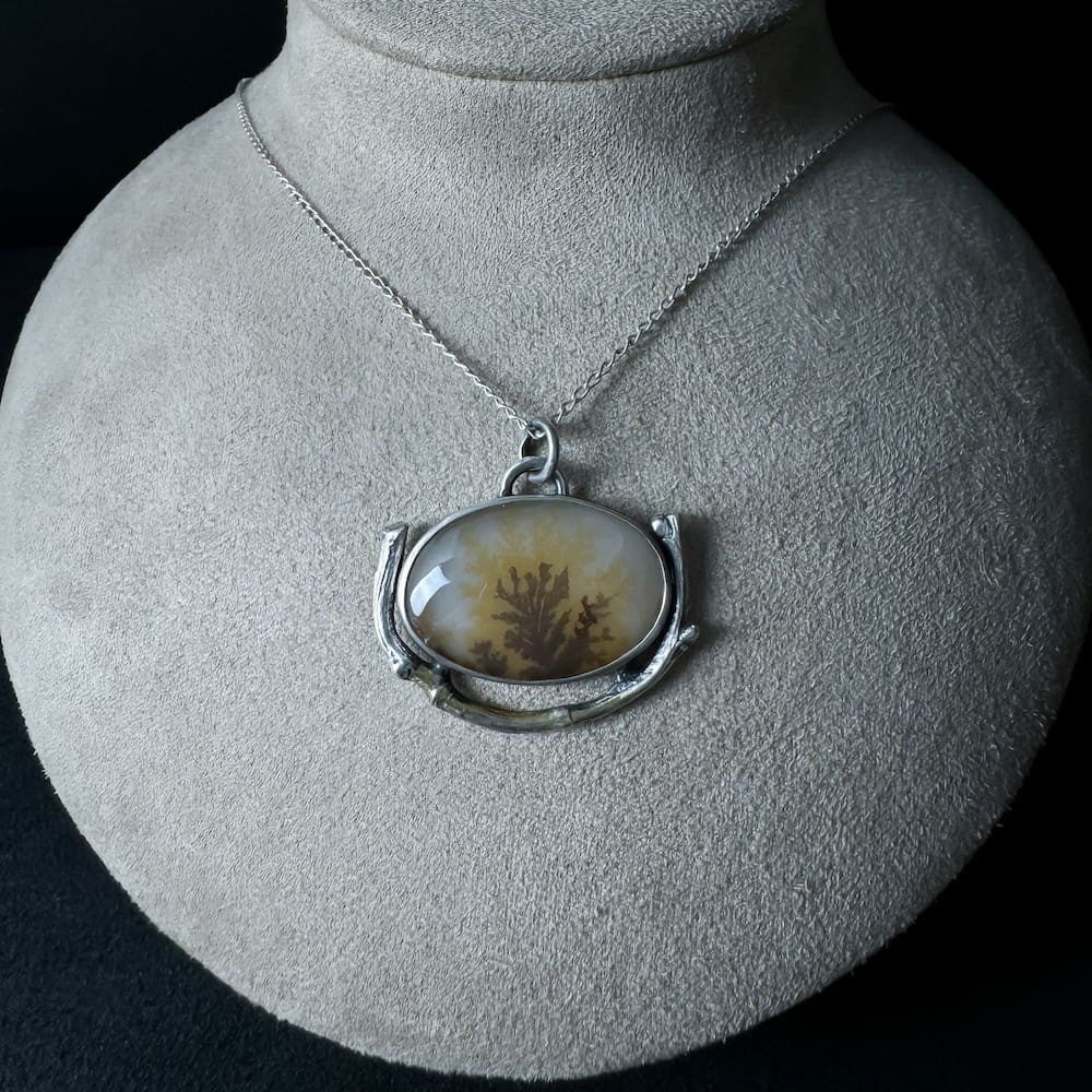 Handmade Sterling Silver Oval Pendant Necklace with Dendritic Agate Nestled on Branch with 24k Gold