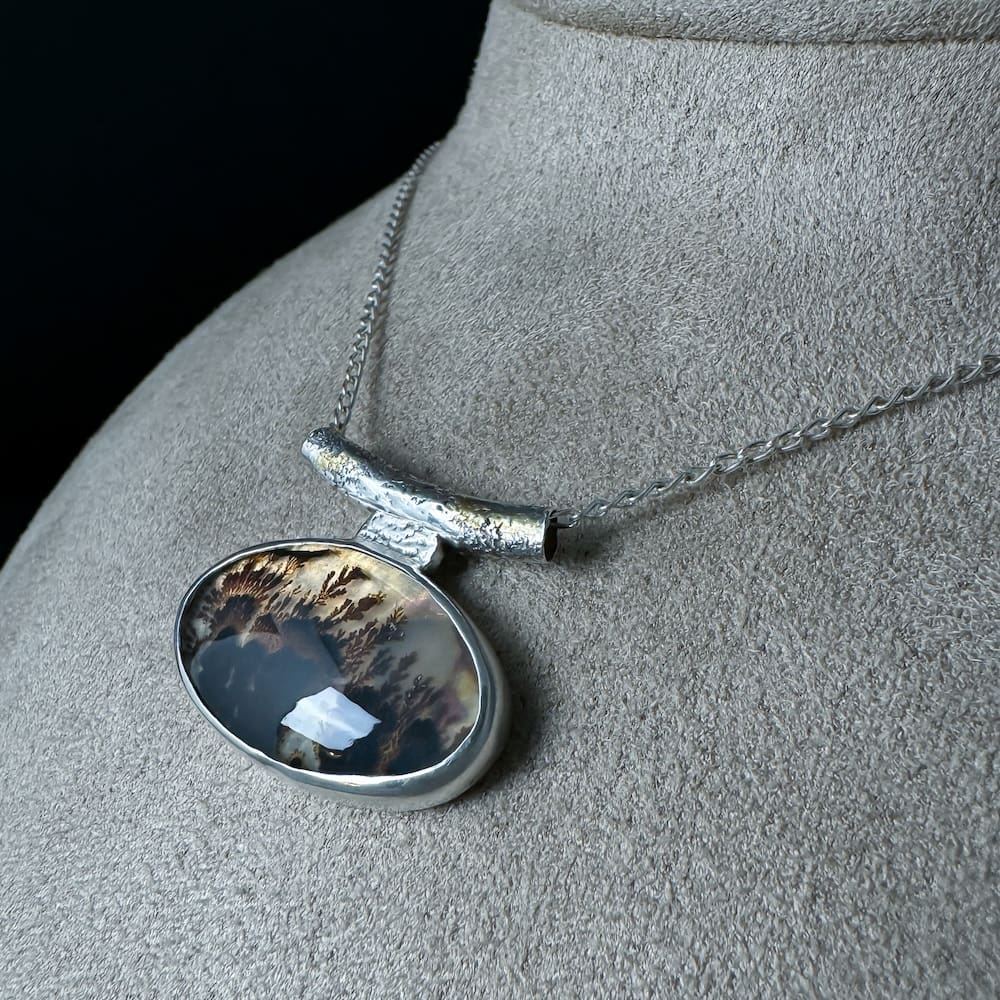 Handmade Sterling Silver Oval Textured Pendant Necklace with Dendritic Agate and 24k Gold Accents