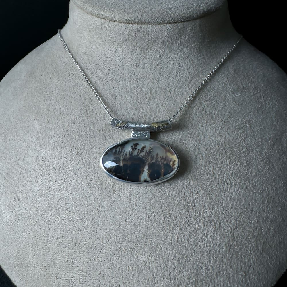 Handmade Sterling Silver Oval Textured Pendant Necklace with Dendritic Agate and 24k Gold Accents