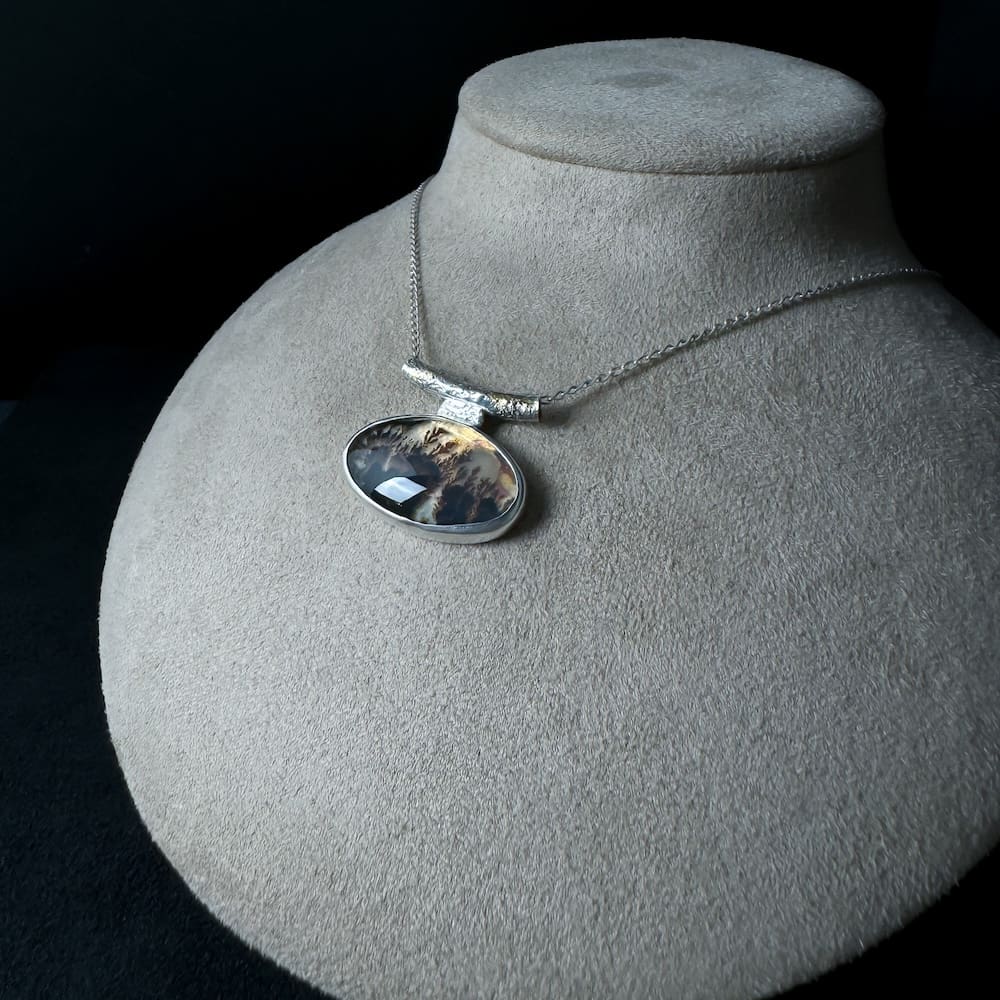 Handmade Sterling Silver Oval Textured Pendant Necklace with Dendritic Agate and 24k Gold Accents