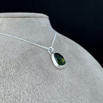 Handmade Sterling Silver Pendant Necklace with Dark Amber Green Rose Cut Tourmaline