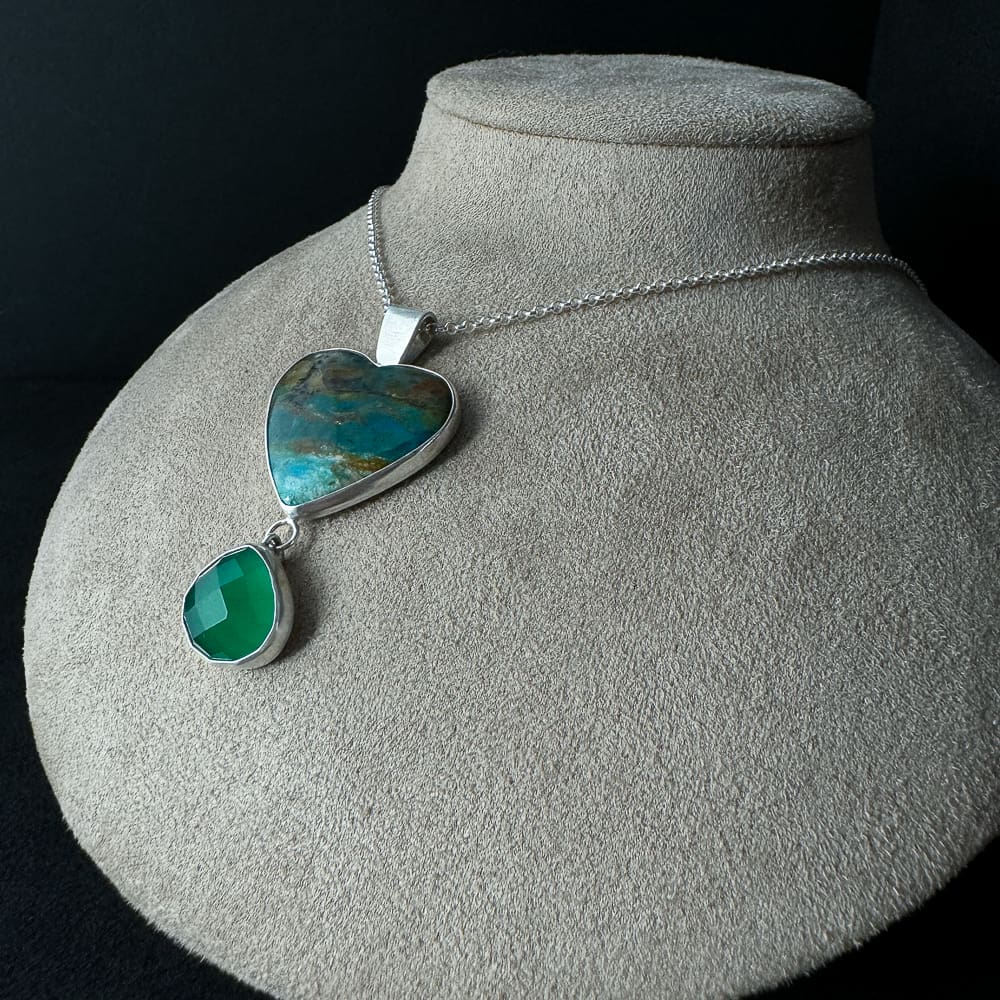 Handmade Sterling Silver Pendant Necklace with Peruvian Opalina and Green Onyx Dangle