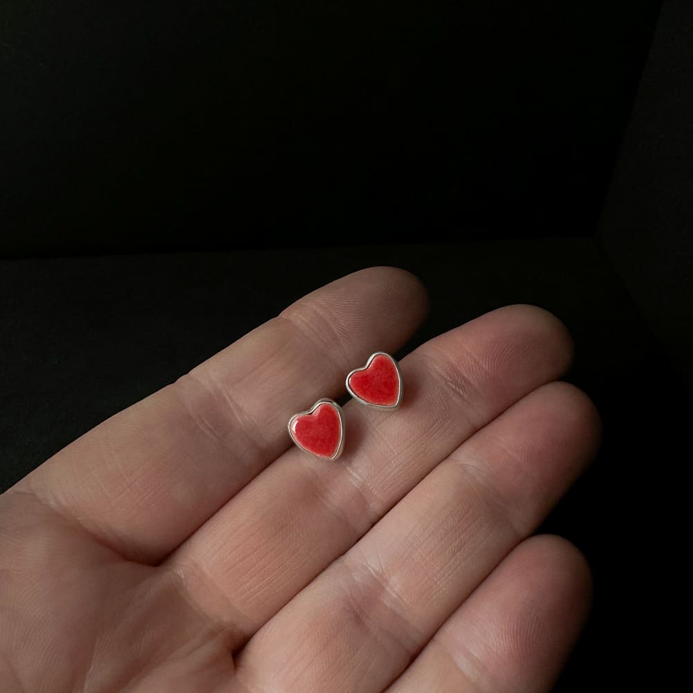 Handmade Sterling Silver and Red Ceramic Heart Stud Earrings