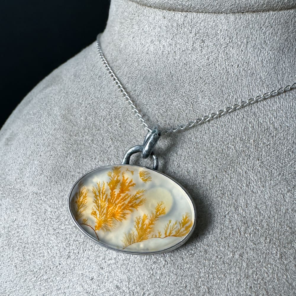 Handmade Sterling Silver Reticulated Texture Oval Pendant Necklace with Dendritic Agate and 9k and 24k Gold with Sun, Moon and Stars details