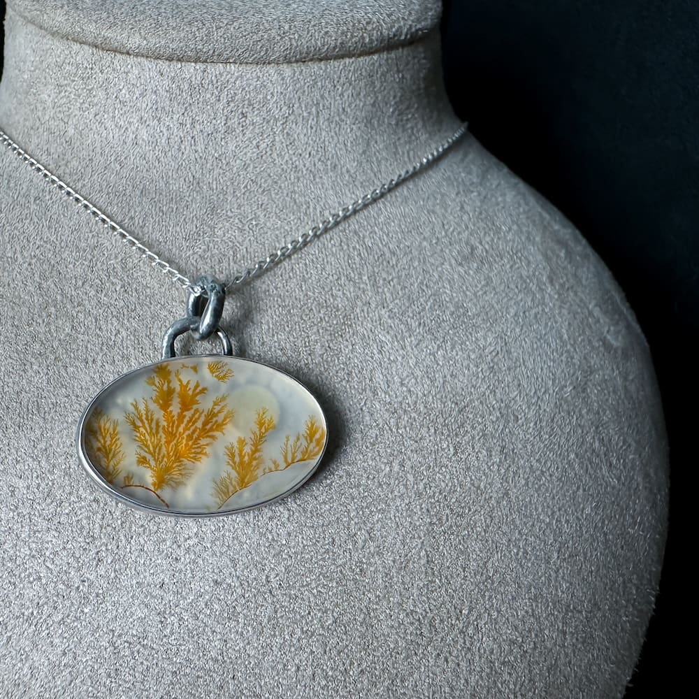 Handmade Sterling Silver Reticulated Texture Oval Pendant Necklace with Dendritic Agate and 9k and 24k Gold with Sun, Moon and Stars details