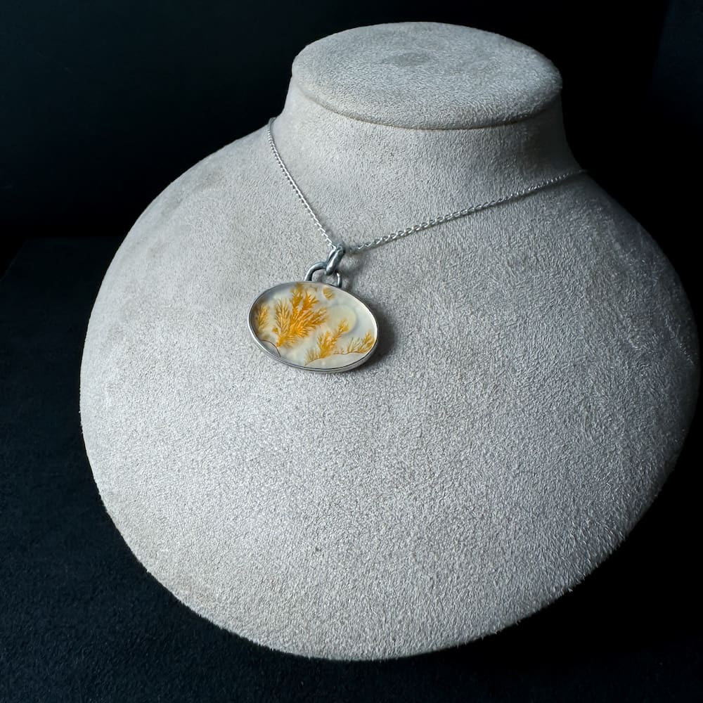 Handmade Sterling Silver Reticulated Texture Oval Pendant Necklace with Dendritic Agate and 9k and 24k Gold with Sun, Moon and Stars details