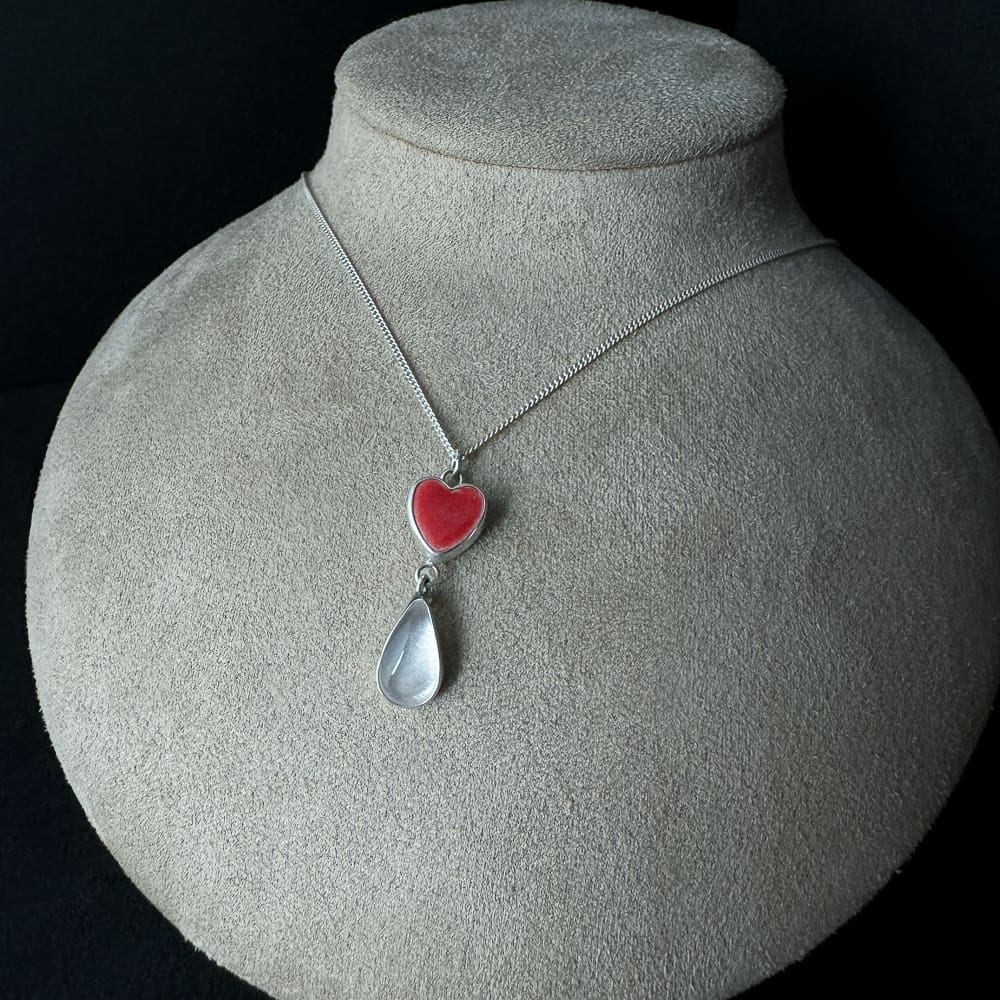 Handmade Sterling Silver Rose Quartz Teardrop Pendant Necklace with Red Ceramic Heart