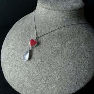 Handmade Sterling Silver Rose Quartz Teardrop Pendant Necklace with Red Ceramic Heart