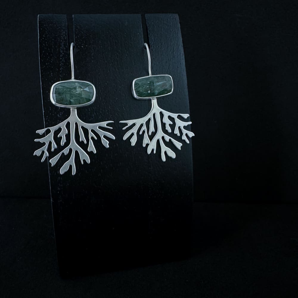 Handmade Sterling Silver Seaweed Earrings with Rose Cut Green Kyanite Satin Finish