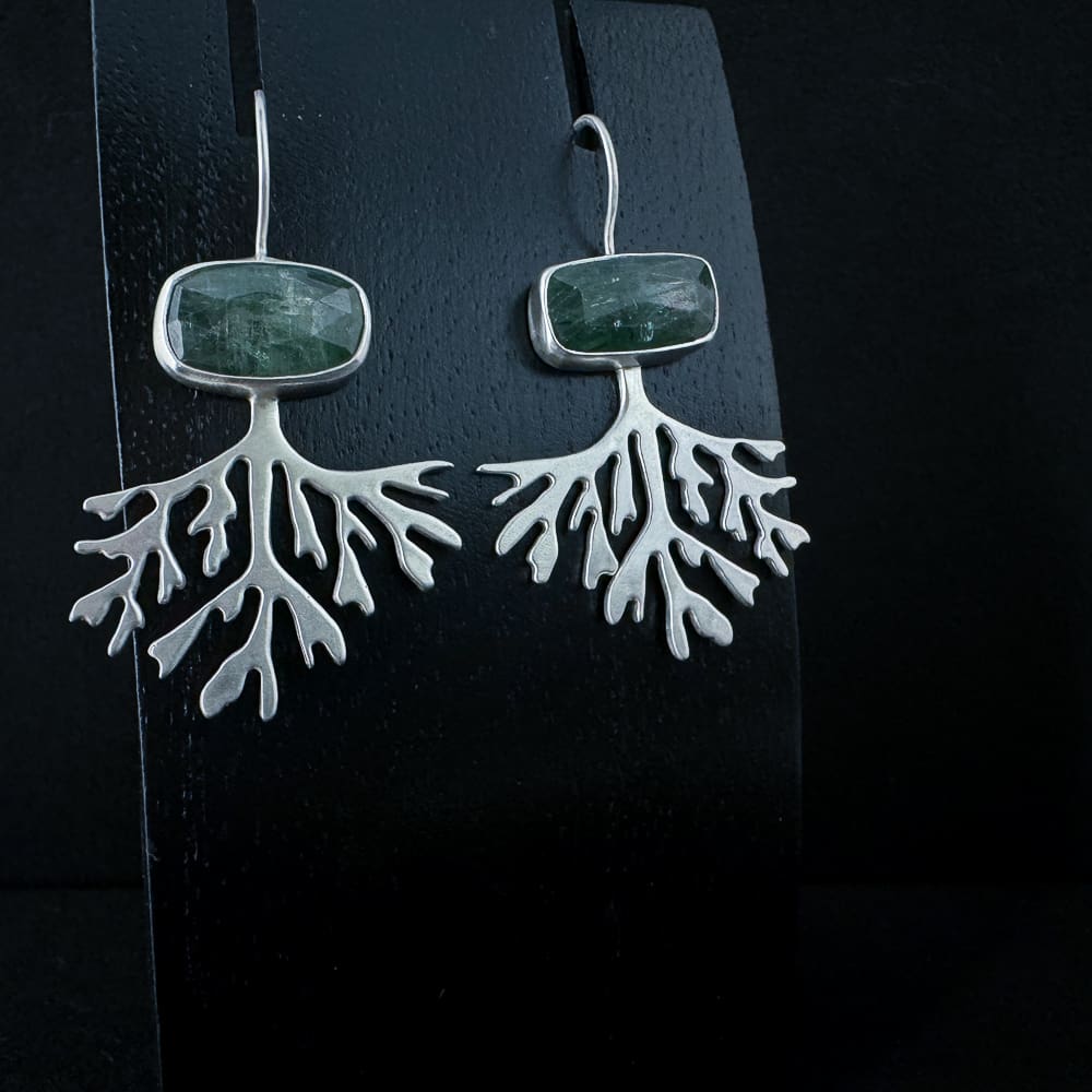 Handmade Sterling Silver Seaweed Earrings with Rose Cut Green Kyanite Satin Finish