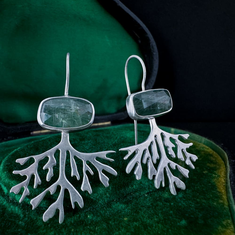 Handmade Sterling Silver Seaweed Earrings with Rose Cut Green Kyanite Satin Finish