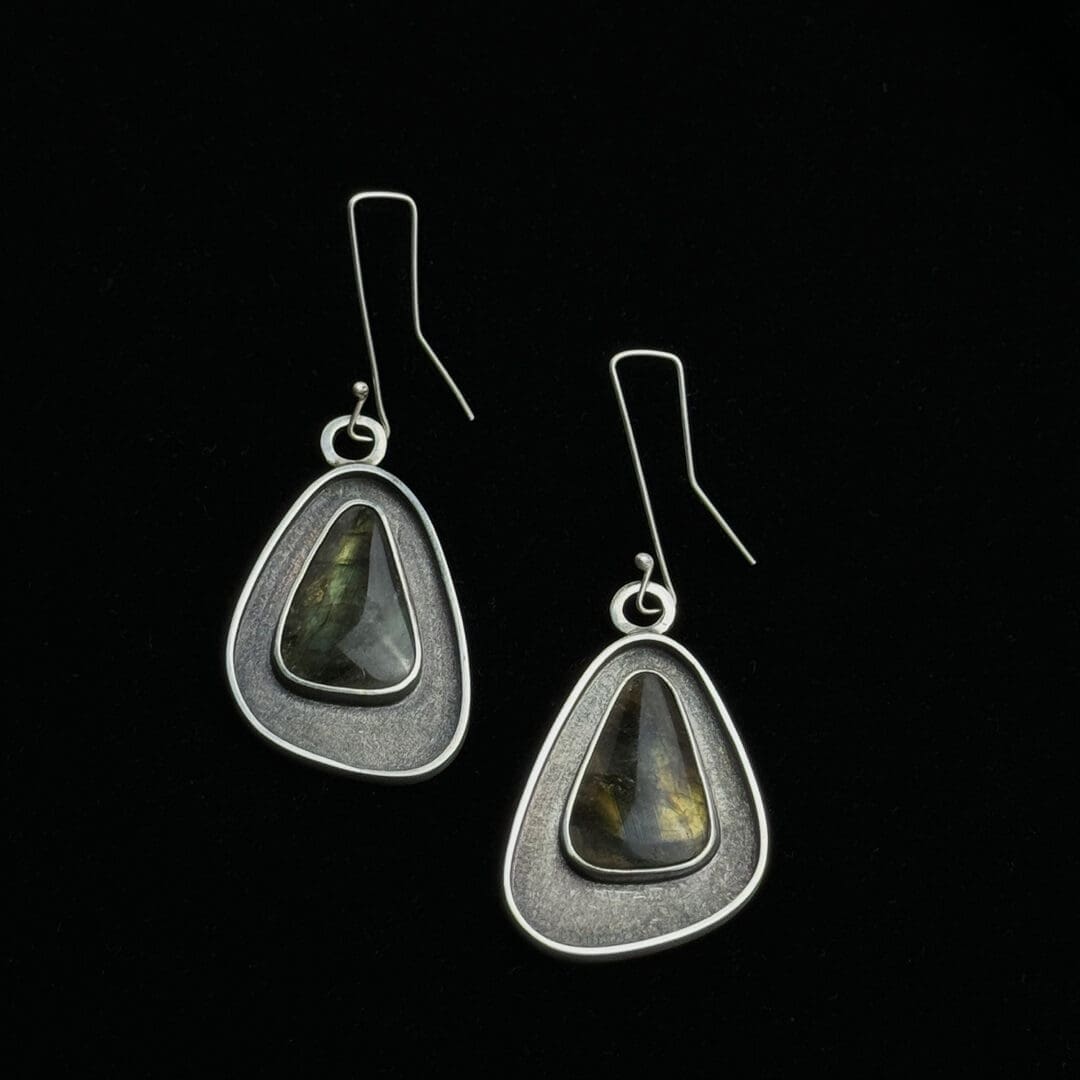 Handmade Sterling Silver Shadowbox Statement Dangle Earrings with Green Labradorite